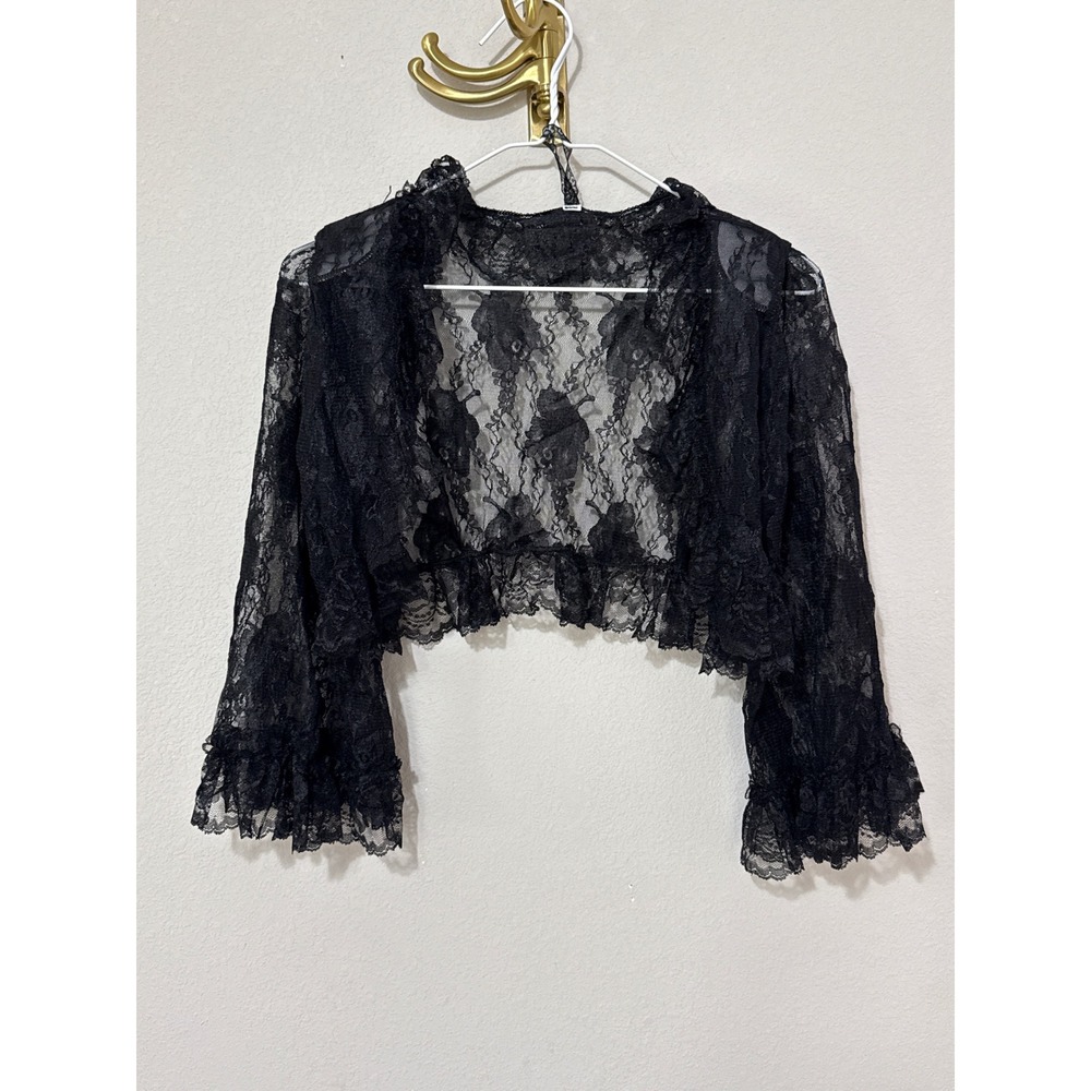 Lace Shrug Bolero Women M Black Cropped Ruffle Sheer Floral Cardigan